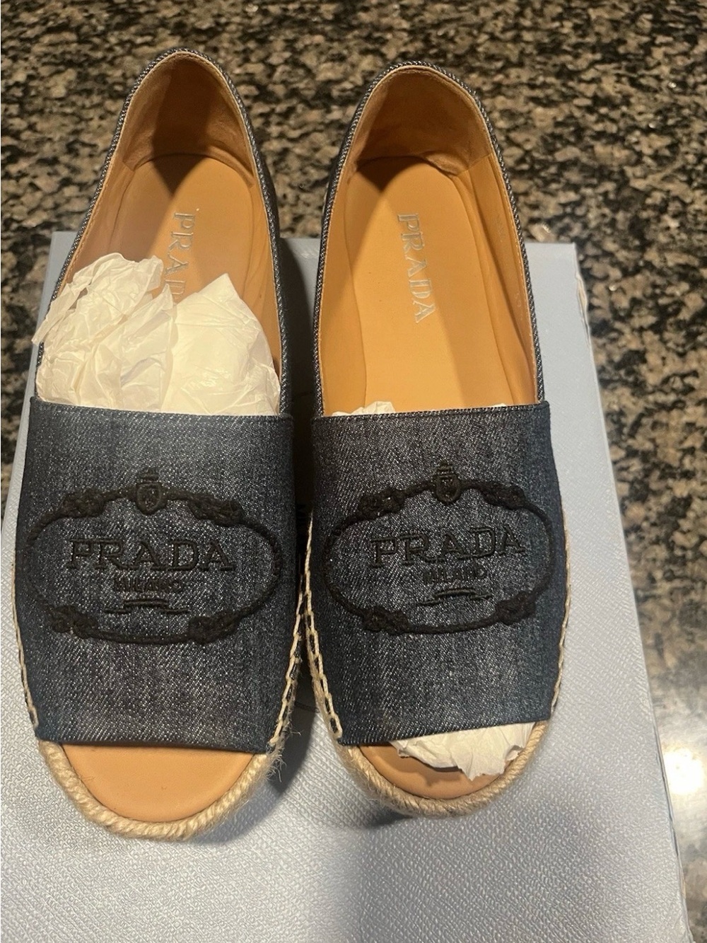 Prada Denim Espadrille Slides - Blue with Black Embroidery